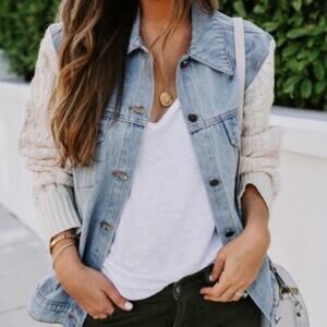 Pol Cable Knit Contrast Denim Jacket Womens S Sweater Sleeves Light Wash Ivory